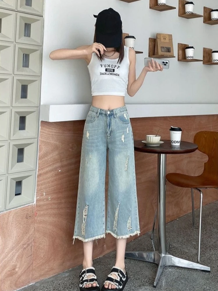 

Women's Cropped Ripped Denim Pants 2026 Spring Summer Loose Fit Straight Wide Leg Raw Hem Trendy Versatile