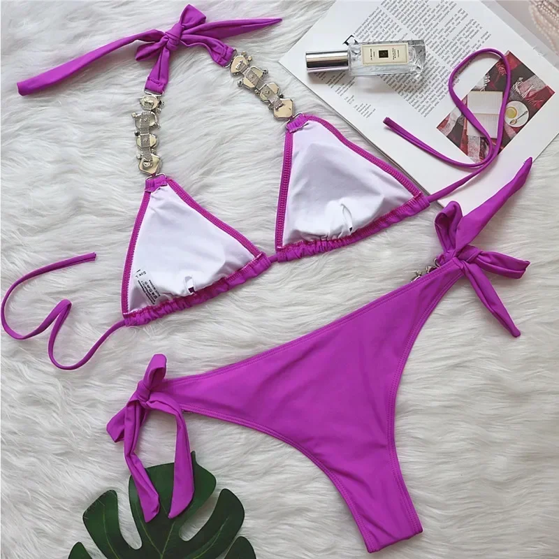 Red Rhinestones Sexy Bikinis 2024 Women Swimwear Female Swimsuit Swim Wear Bathing Suits Brazilian Bikini Set Beach Pool Bather