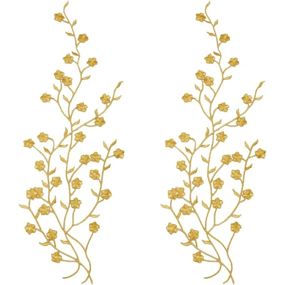 2Pcs Cotton Gold Flower Embroidery Patch Floral Lace Applique Fabric Iron On Embroidered Patches Gold Appliques