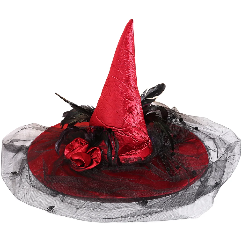 Witch Hat Wide Brim 50cm Feathered Tulle Satin Fabric Red Black Purple White Adjustable Fit Halloween Costume Party Props