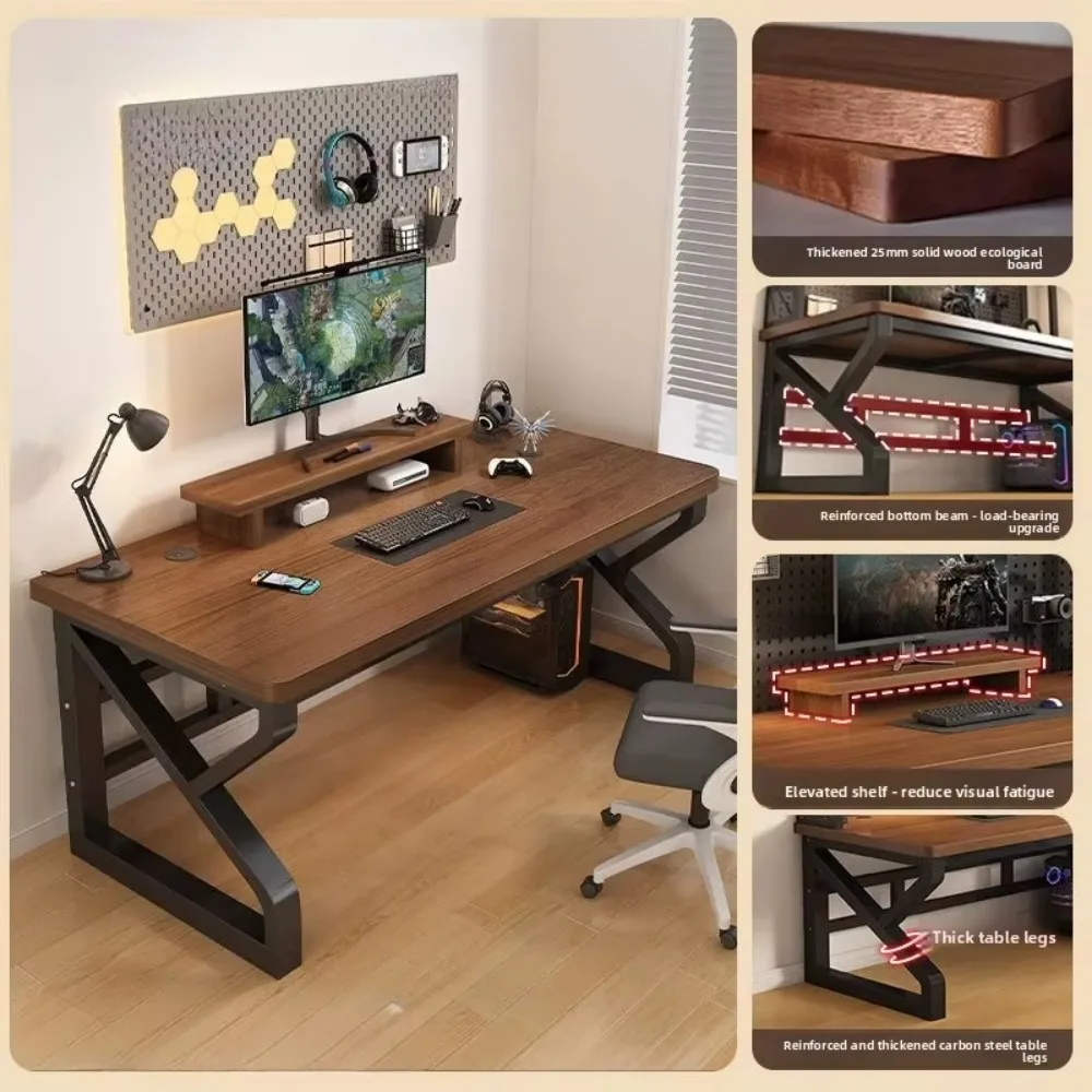 Black Walnut Desk, Wooden Desktop Computer Desk with Black Metal Frame, Modern Workstation