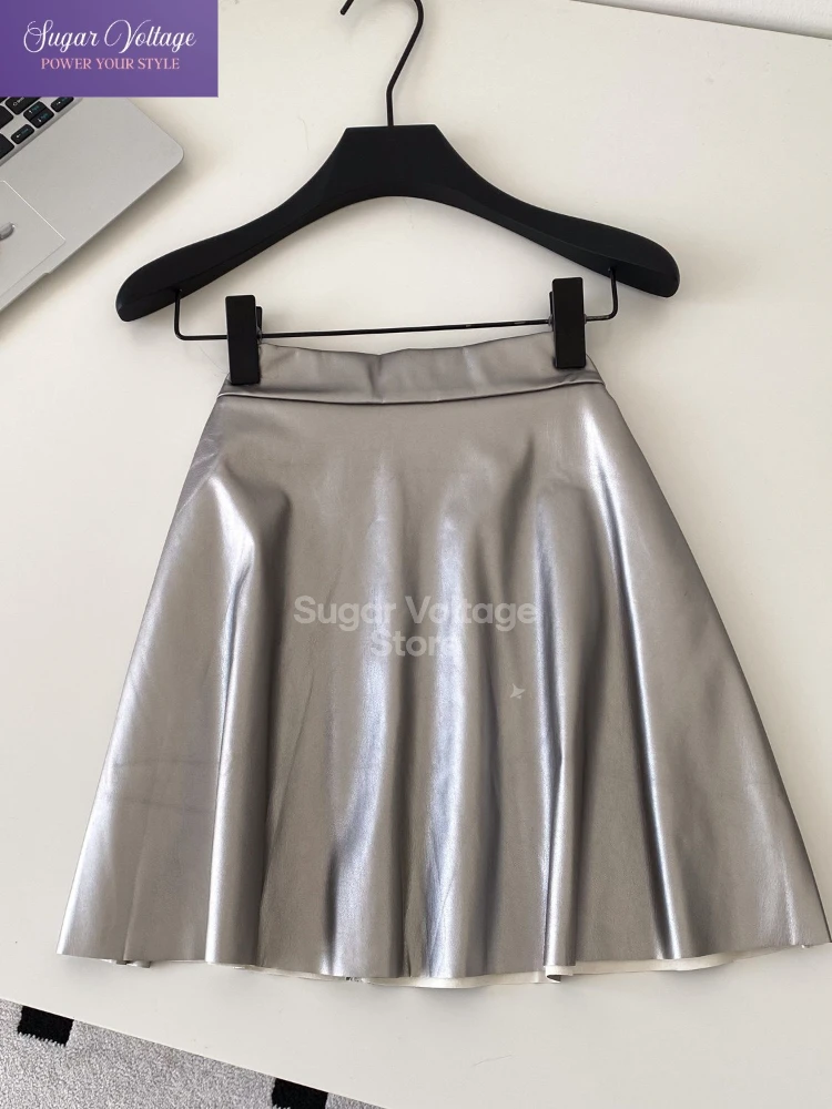 

Корейская модная юбка трапециевидной формы с высокой талией, женская тонкая серебряная атласная мини-юбка, французская элегантная шикарная вечерние короткая юбка, повседневная одежда