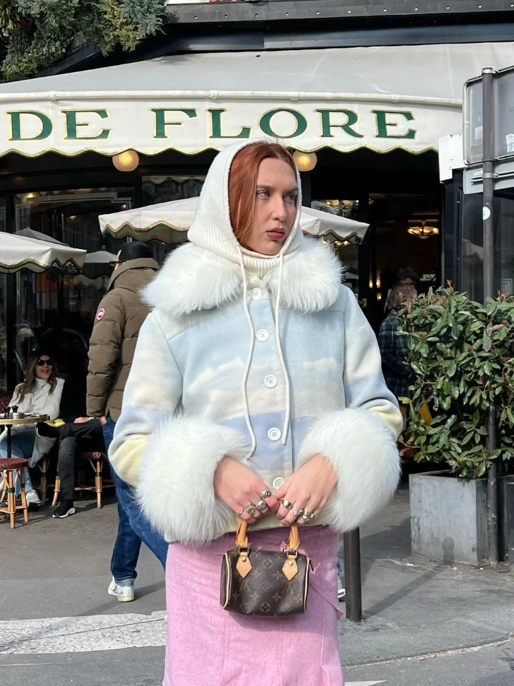 Women Pastel Gradient Fur Trim Collar Long Sleeve Wool Coat Y2K Loose Neck Garment 2026 Ladies Holiday Dating Attire