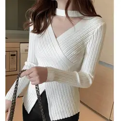 Autumn V-neck Long Sleeve Knitted Sweater Women Top Solid Winter Women Clothing Fashion Pullover Sweaters Female Warm Knitwears