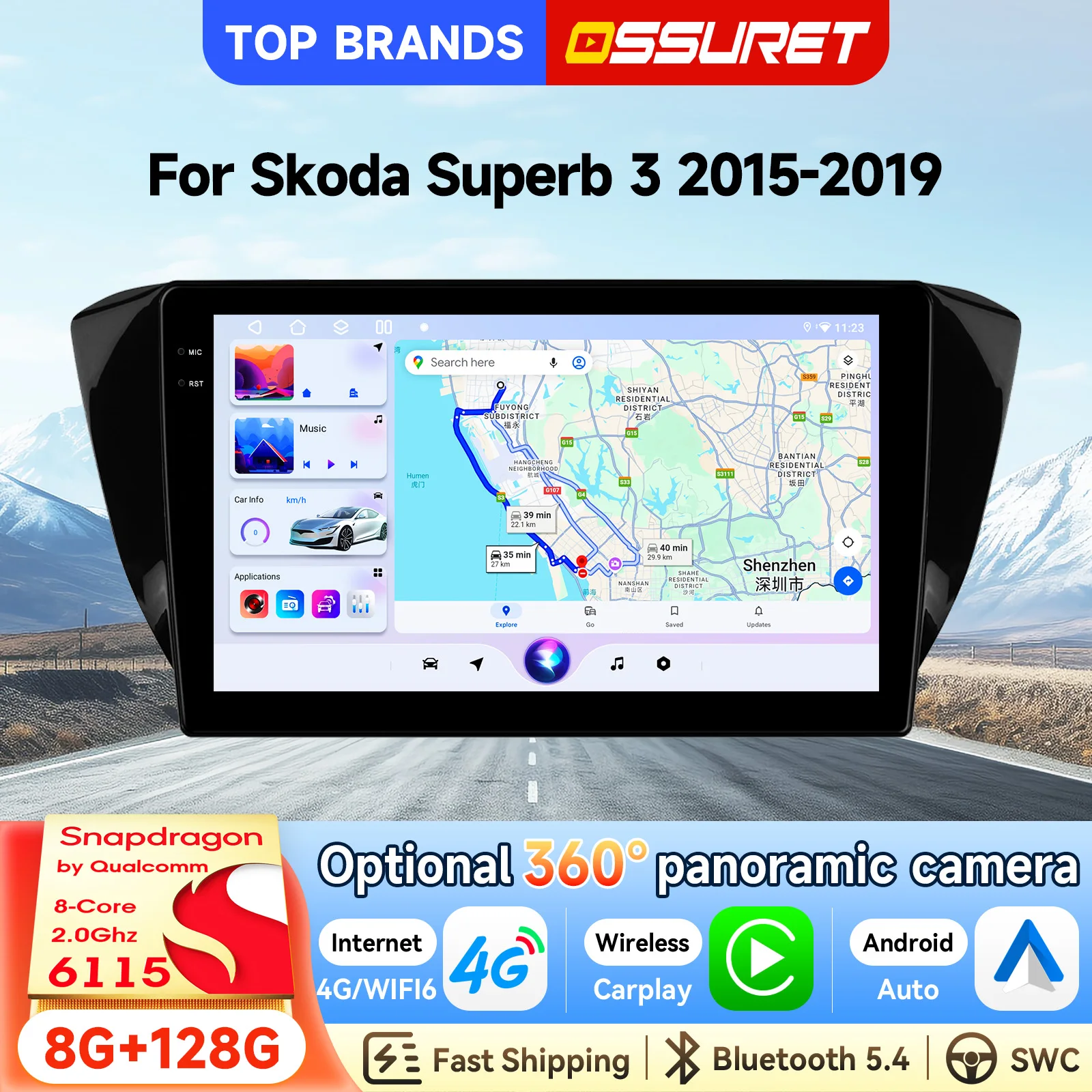 OSSURET Kostenloser Versand 10,1 Zoll 2Din GPS-Navigations-Autoradio für Skoda Superb 3 2015-2019 Autoradio Intelligenter Touchscreen Bluetooth Freisprecheinrichtung DSP 4G WiFi RDS FM DSP Audio Radio
