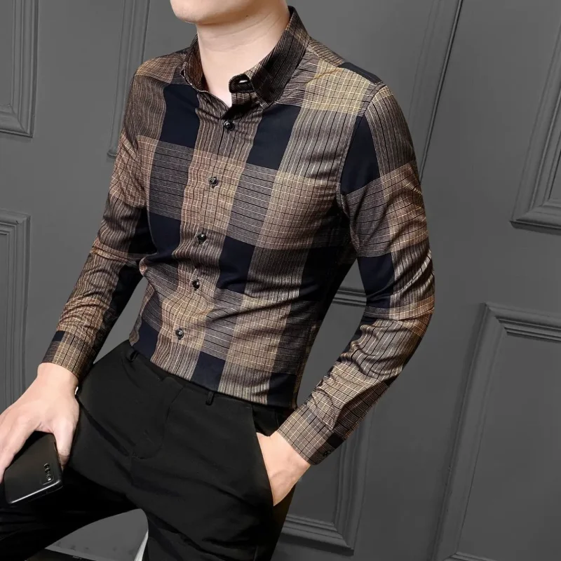 

Men's Plaid Shirt Long Sleeve Casual Trendy Business Plaid Printed Top