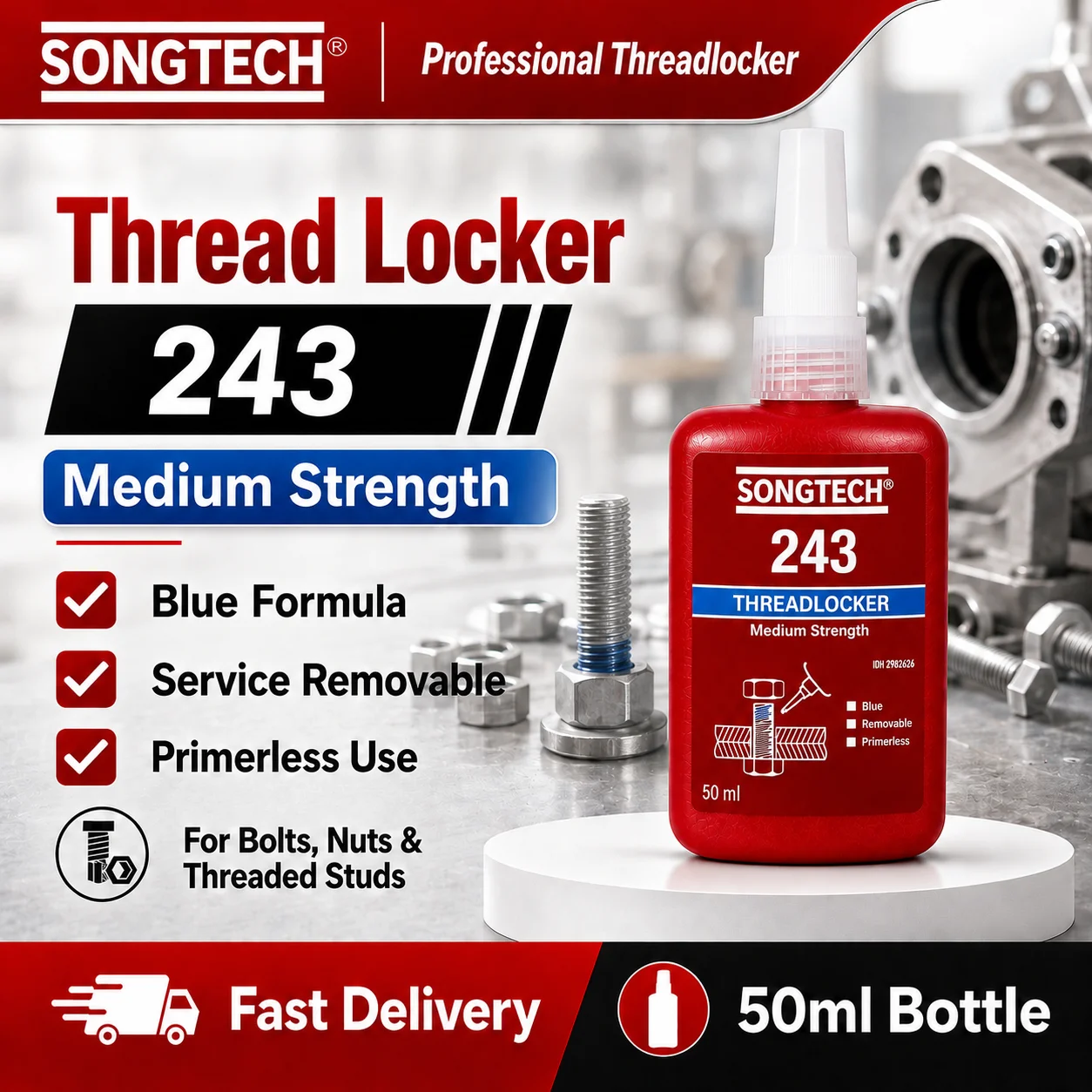 SONGTECH 243 Threadlocker Medium Strength Blue Removable Thread Lock Adhesive for Bolts Nuts Mechanical Assembly 50ml