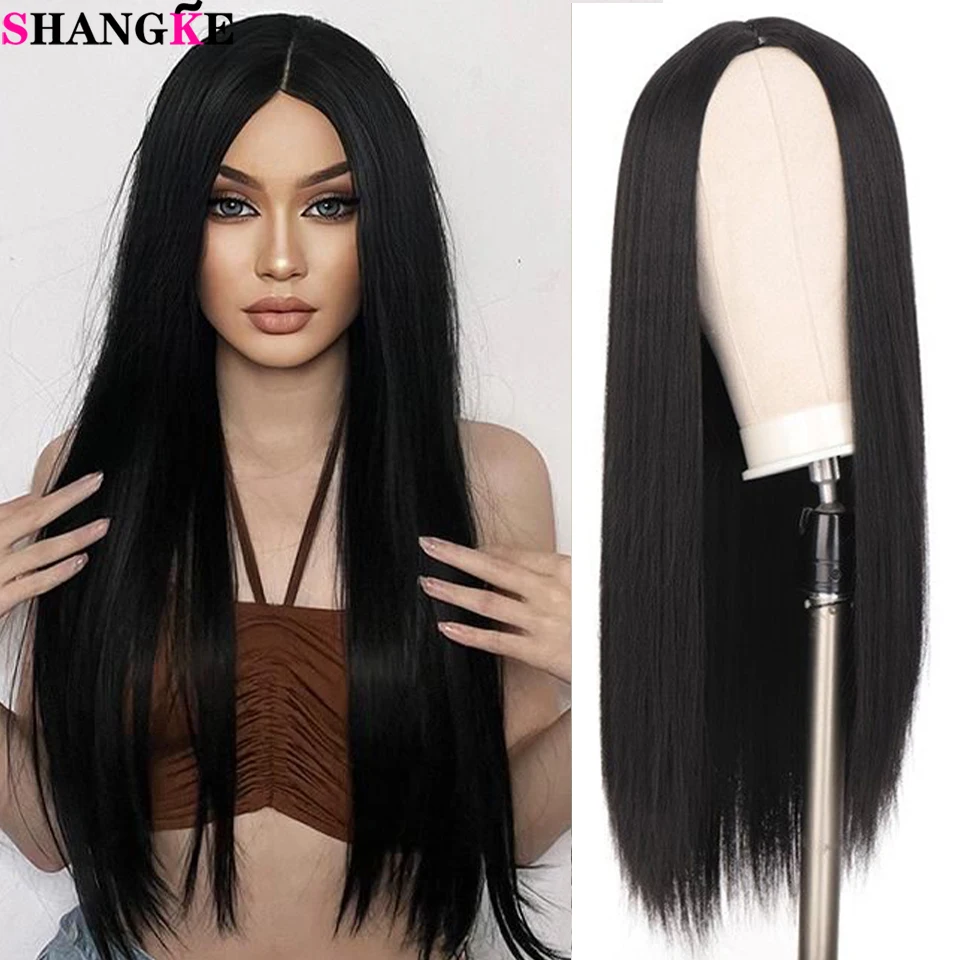 SHANGKE Synthetic Long Straight Black Middle Part Wig Heat-Resistant Fiber Two-Tone Cosplay Wig Party/Daily Wig For Women