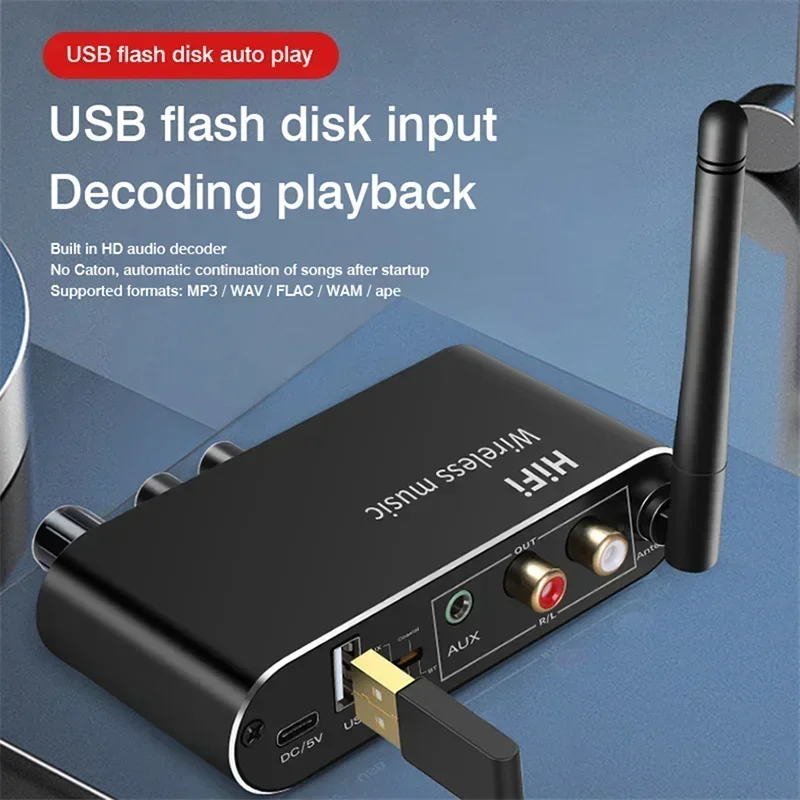 

DAC Bluetooth 5.1 Audio Receiver U-Disk 3.5MM AUX RCA Optical Coaxial Hifi Stereo Wireless Adapter Digital to Analog Converter