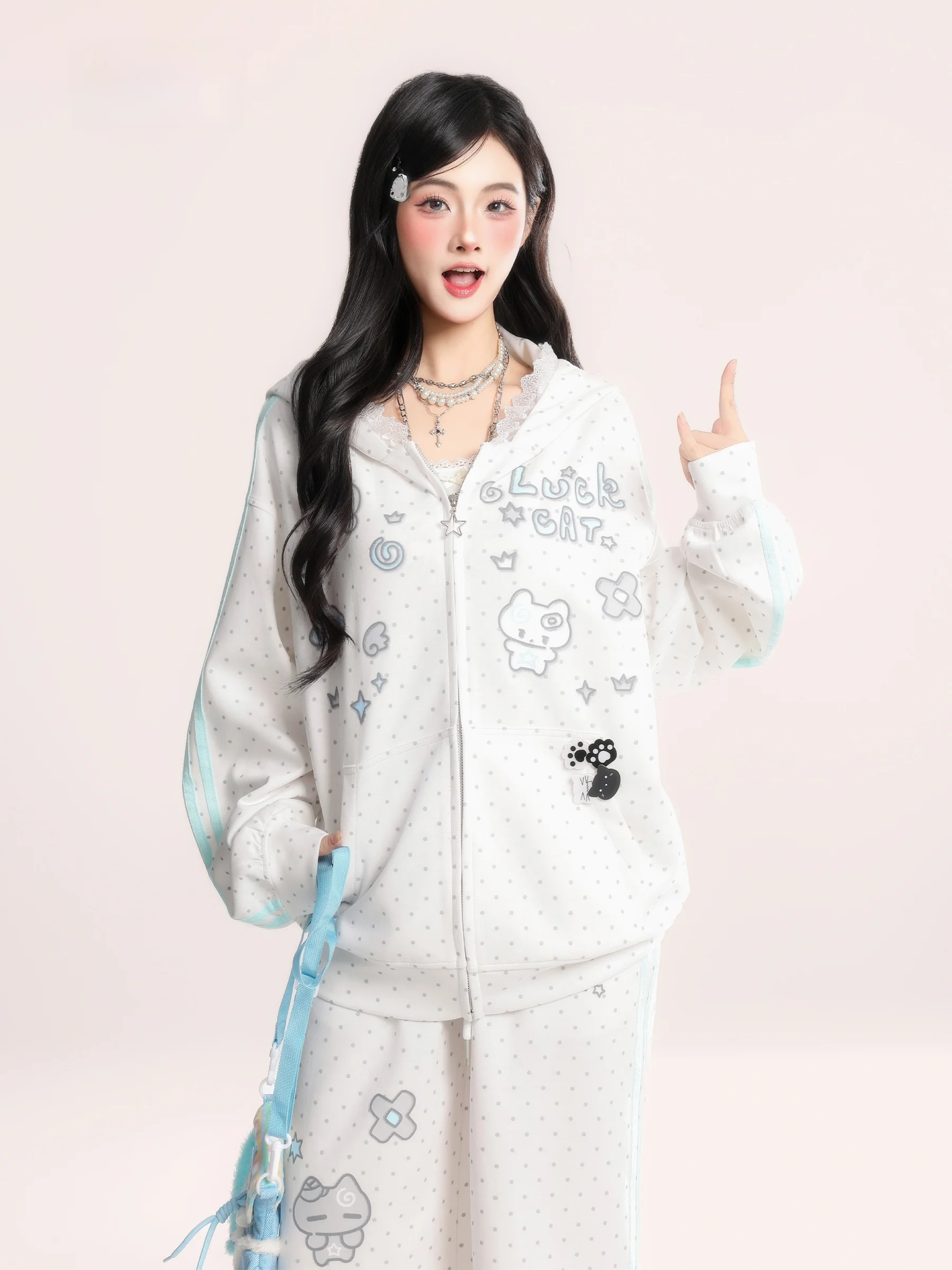 

Cute Polka Dot Hooded Open Cardigan Sweatirt Jaet Women's Spring Casual Sweatpants Set Comfortable Loose Sle Long S...