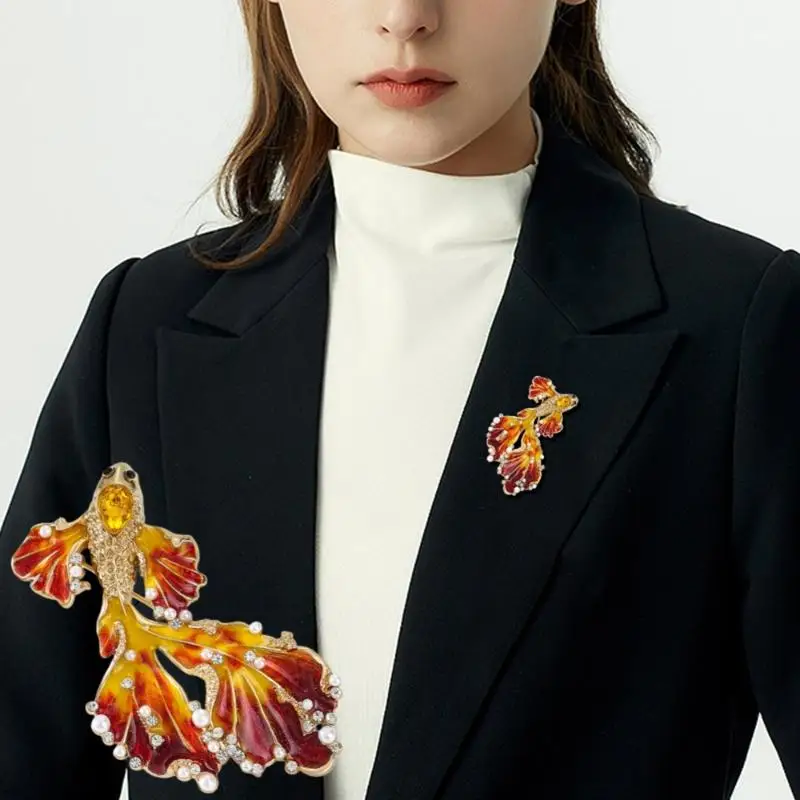 Light Luxury Rhinestone Long-tail Goldfish Brooch Enamel Sea Animal Fish Brooch For Party Backpack Gifts Jewelry Accessories