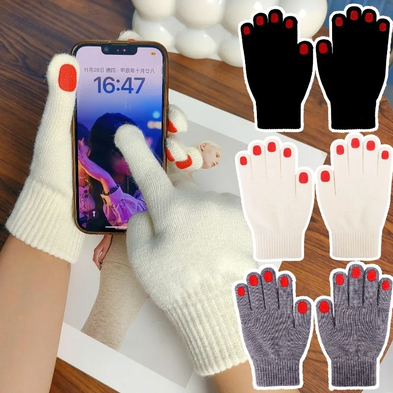 Fashion Nail Polish Pattern Women's Gloves Plus Velvet High Elasticity TouchScreen Mittens Keep Warm Full Finger Gloves