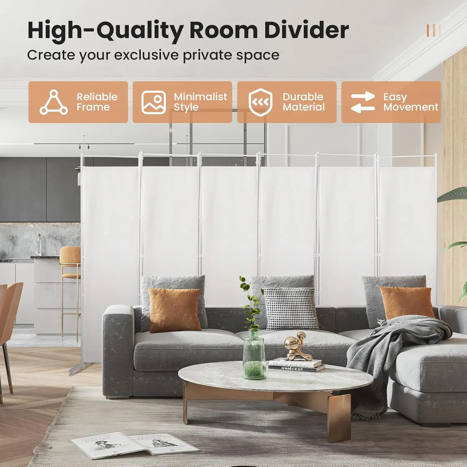 6 Ft Room Divider, 6 Panel Folding Wall Divider, Freestanding Partition with Adjustable Foot Pads, Perfect Privacy Screen for Ho