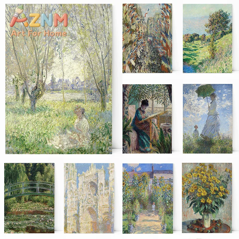 Woman with A Parasol Claude Monet Poster Impressionist Landscape Canvas Painting Vintage Wall Art Picture Living Room Home De