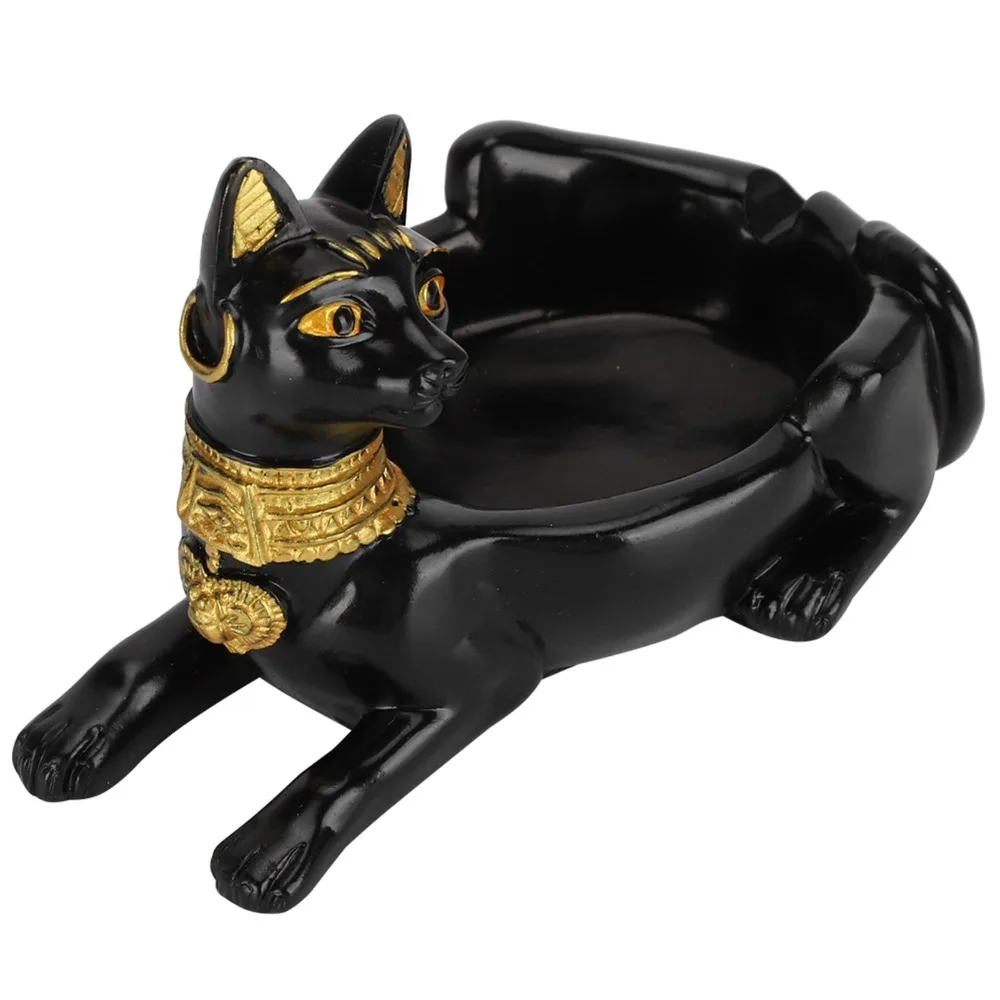 Black Cat Figurine Ashtray 3D Ring Holder Egyptian Cat Ashtray Trinket Dish Resin Smoking Tray Holder Home Office Decor