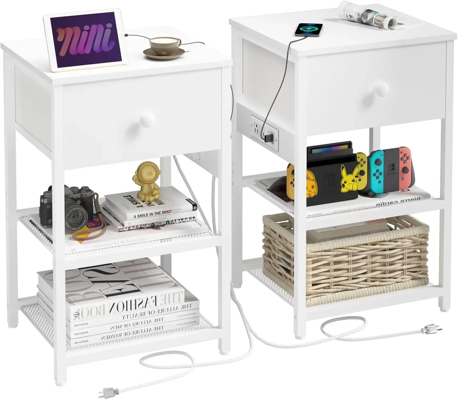 

Nightstands Set of 2 with Charging Station, Bedside Tables with Fabric-Wood 2-in-1 Drawer, End Table for Small Spaces, White