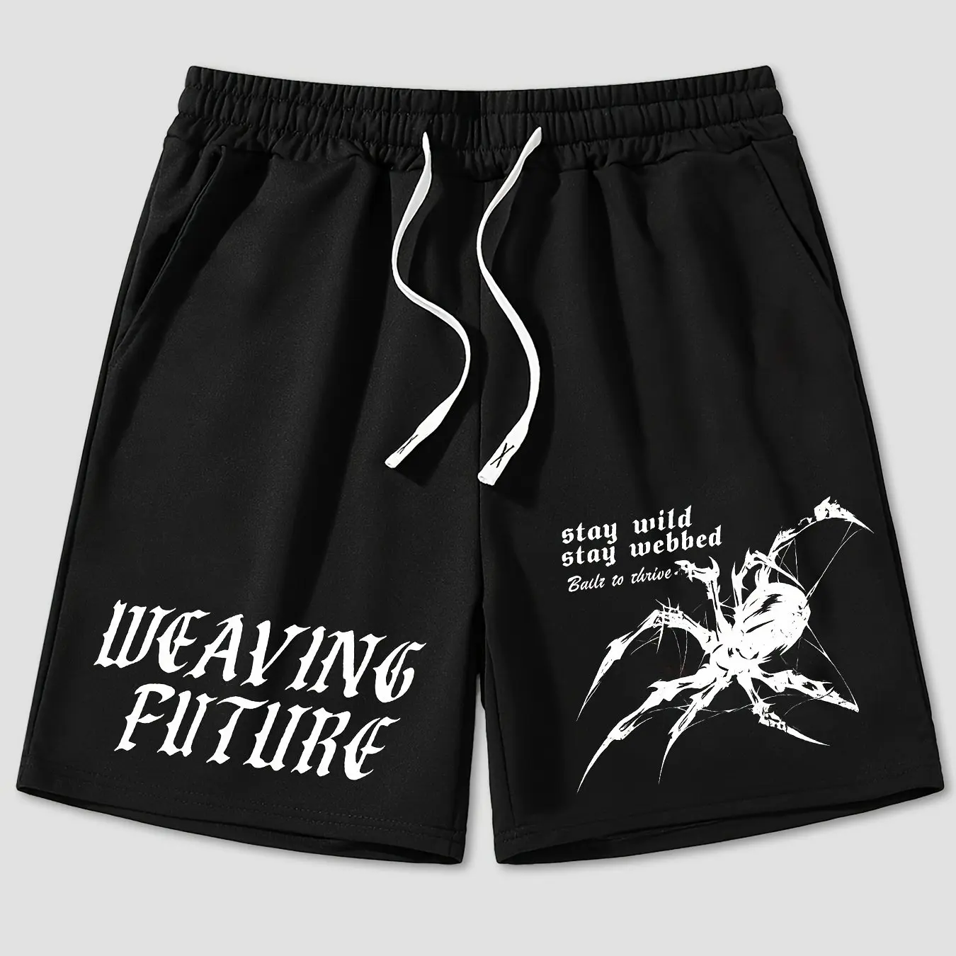 

Мужские повседневные спортивные шорты с принтом в виде паука и надписями, с эластичным поясом и карманами.