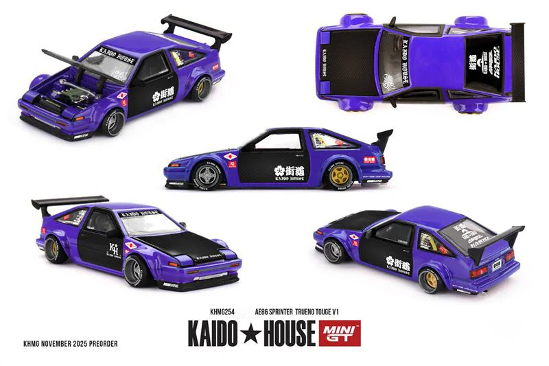 (Przedsprzedaż) Kaido House x MINI GT 1:64 AE86 Sprinter Trueno TOUGE V1 Ciemnofioletowy Model Samochodu Kolekcjonerskiego z Odlewu