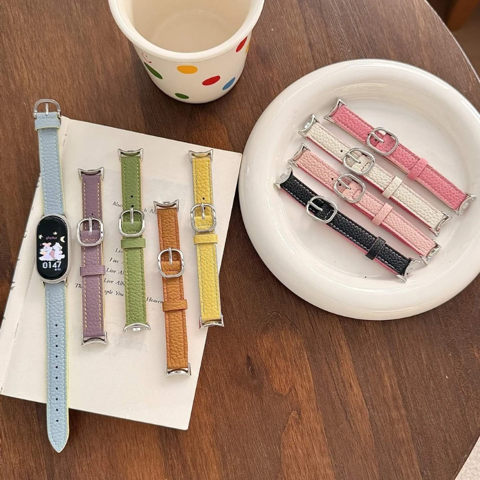 Two-tone Lychee Leather Bracelet For Xiaomi Mi Band 10 8 9 Pro Strap Miband 9Pro 8 Pro Stylish Slim Smart Watch Replacement Band