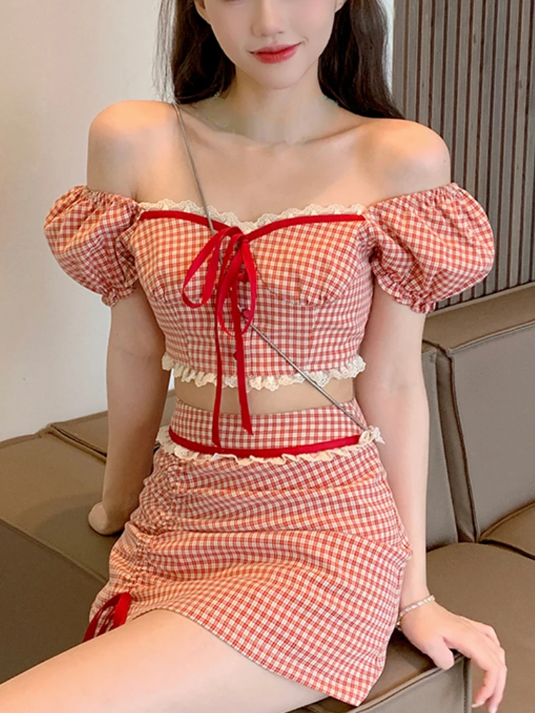 Red Sweet Plaid Two Piece Set Women Lace Vintage Elegant Party Mini Skirt Suit Korean Y2k Crop Tops + Casual Skirt Summer 2023