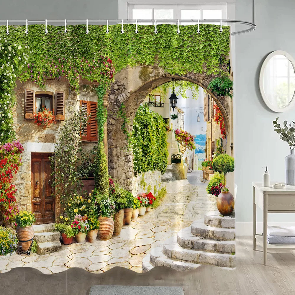 Vintage Town Street Shower Curtain Garden Flowers Plant Greek Blue White Architecture Nature Landscape Bathroom Curtains Decor