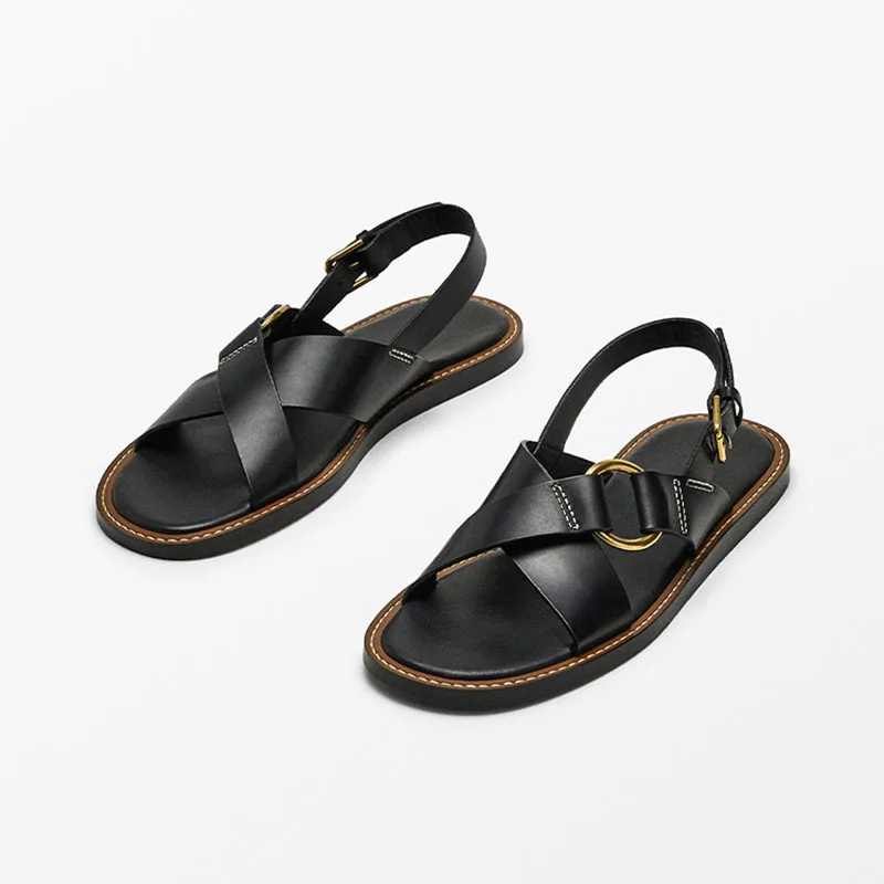 

MD Women's Shoes 2024 Summer New Genuine Leather Cross Strap Flat Bottom Slippers Black Roman Women Sandals