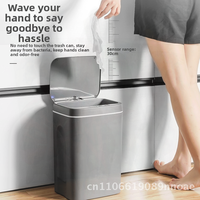Automatic Smart Sensor Trash Can Inductive Open-Close Anti-Odor Plastic 12L Capacity Long Cylindrical Dark Gray/White for Home