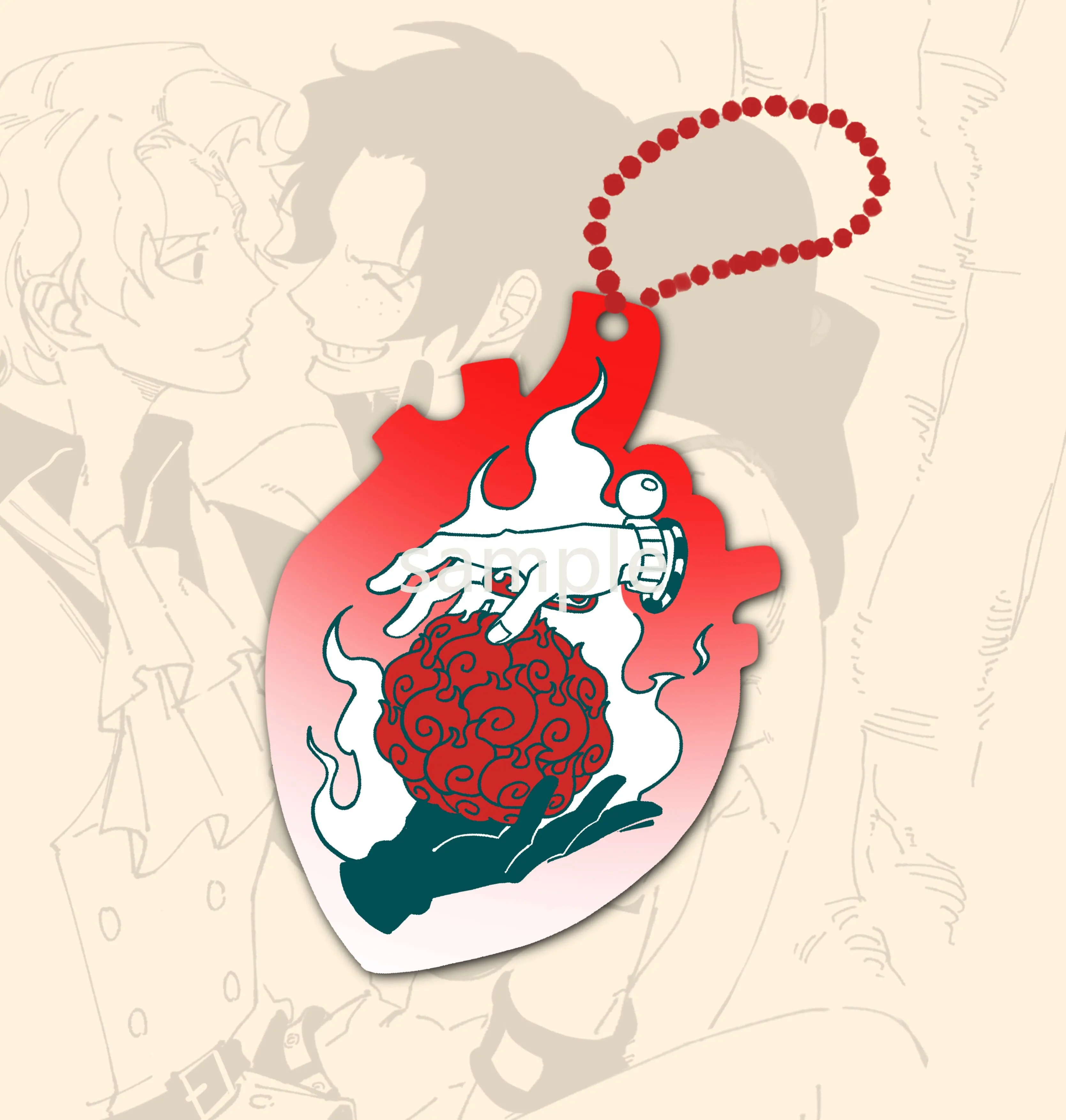Llavero de acrílico de One Piece con diseño de Corazón de Fruta del Fuego, de Ace, Sabo y Mera Mera No Mi, accesorio colgante para bolso