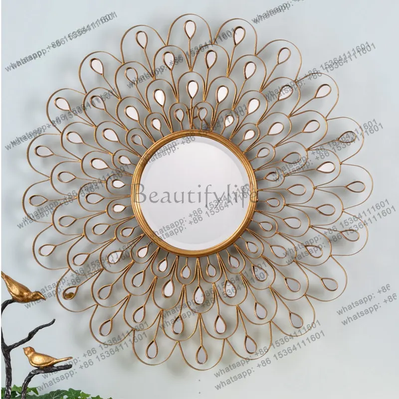 LS  American sun decorative mirror living room background wall art entrance creative wall light luxury wrought iron mirror