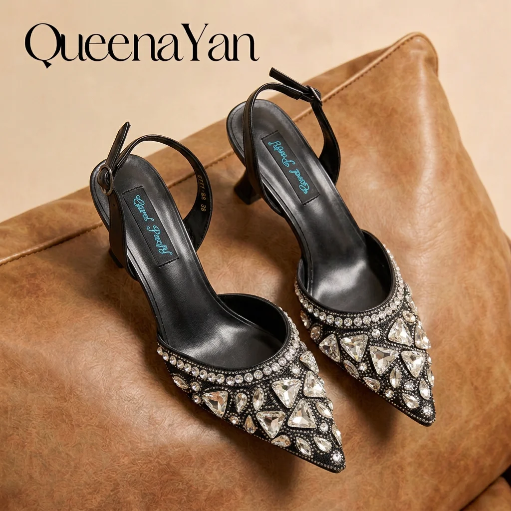 QueenaYan Women Rhinestone Slingback Heels Crystal Pointed Toe Pumps Party Wedding Stiletto Shoes Black Evening Dress Sandals