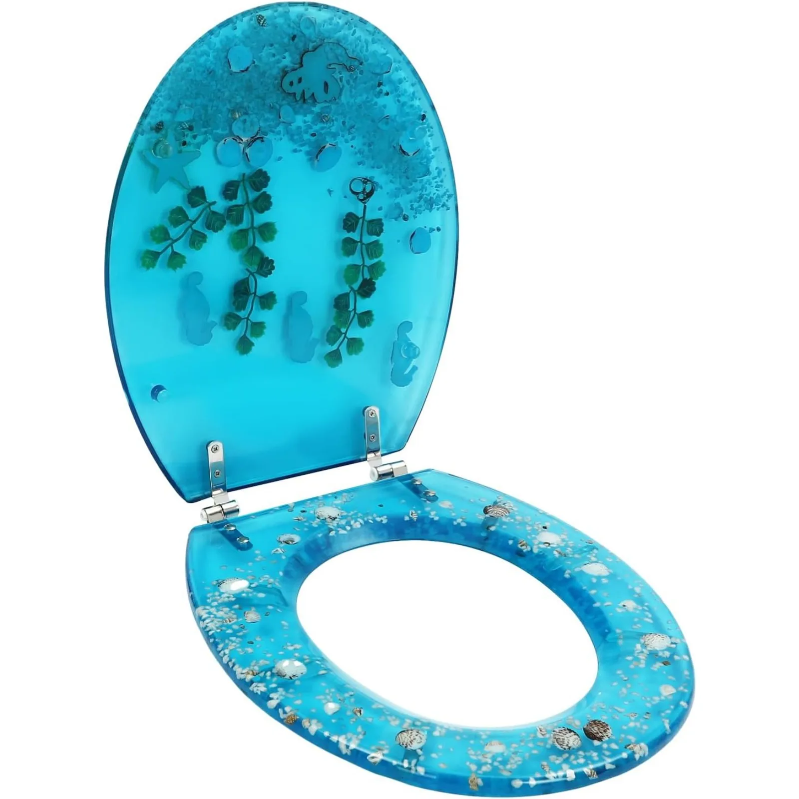 Toilet Seat with Cover, Resin Toilet Seat, Quick Release Hinges 3D Effects Heavy Duty Toilet Seats with Blue Seashells Cover Acrylic Seats Ocean Series