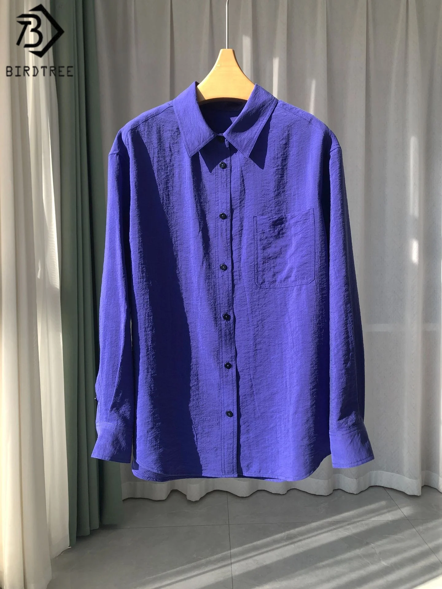 

Birdtree 75% Real Silk 25% Nylon Shirt,Women Dry Silk Polo Collar Long Sleeve Single Breasted Purple Blouse,2025 New T57922JF