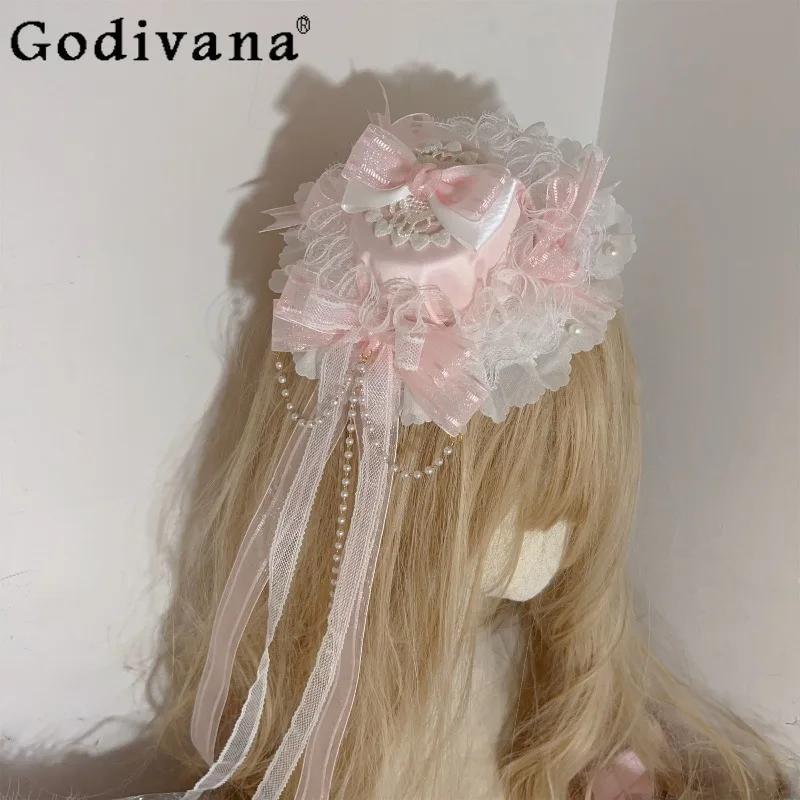 

Pink Princess Doll Lolita Accessories for Women Japanese Style Sweet Cute Hair Hat Female Lace Birthday Party Hats Accessories