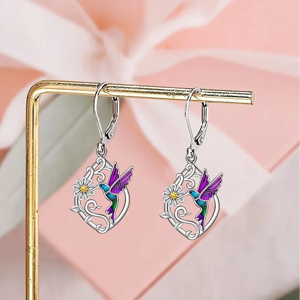 Colorful Enamel Hummingbird & Daisy Drop Earrings, Vintage Silver Hollow Floral Bird Leverback Earrings, Ladies Fashion Jewelry
