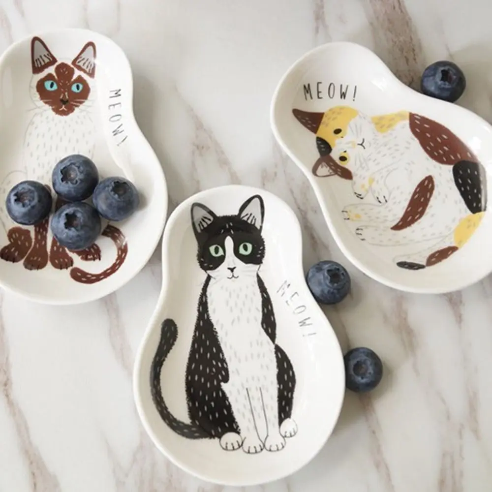 Easy to Clean Cute Cat Condiment Disc Lucky Cat Pattern Japanese Style Water Drop Shape Plates Ceramic Fruit Plates Dessert