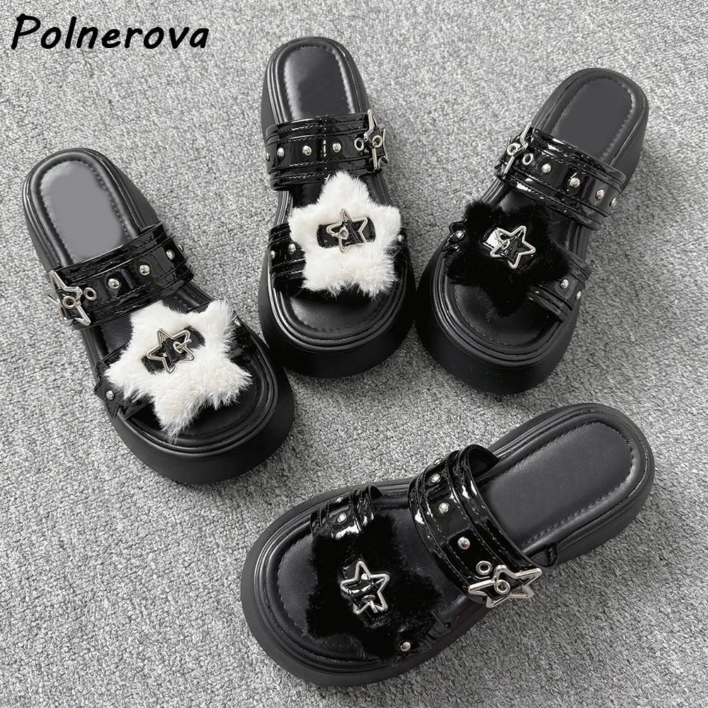 

Fuzzy Star Studded Platform Slide Sandals Women Y2K Goth Punk Wedge Slippers Summer Round Toe Straight Strap Thick Soled Shoes