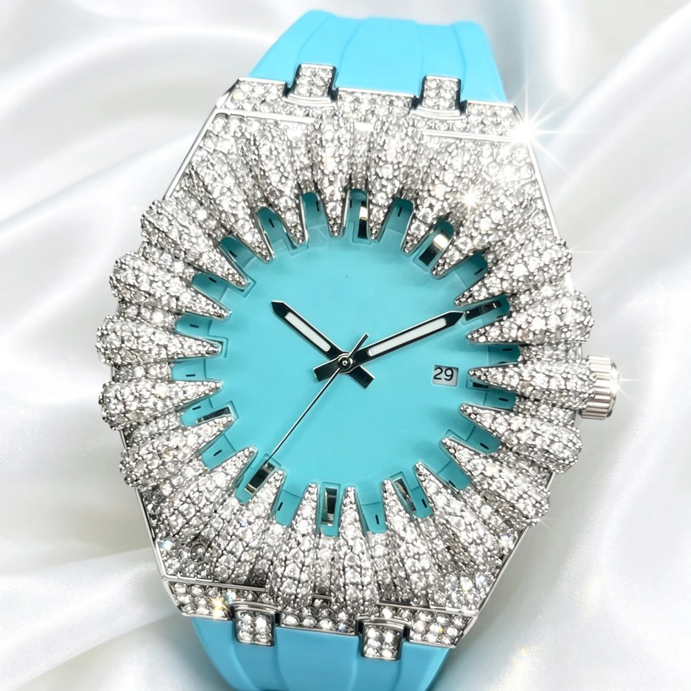 New Design Iced Diamond Watches Men Sky Blue Fashion Waterproof Quartz Clocks Hip Hop Gold Jewelry Missfox Wristwatch Gifts