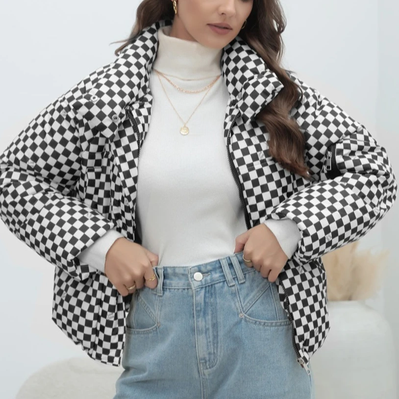 Winter Warm Fashion Plaid Splicing Women\'s Clothing Jacket Parkas 2024 Stand-up Collar Long-sleeved Zipper Top Cotton Coat Women