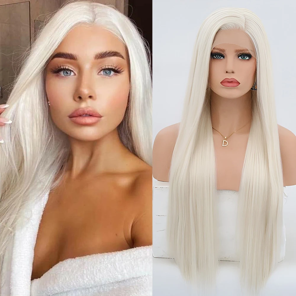 Platinum Blonde Wig Synthetic Lace Front Wig Long Silky Straight Glueless Synthetic Hair Lace Wigs For Women Daily Wear Cosplay