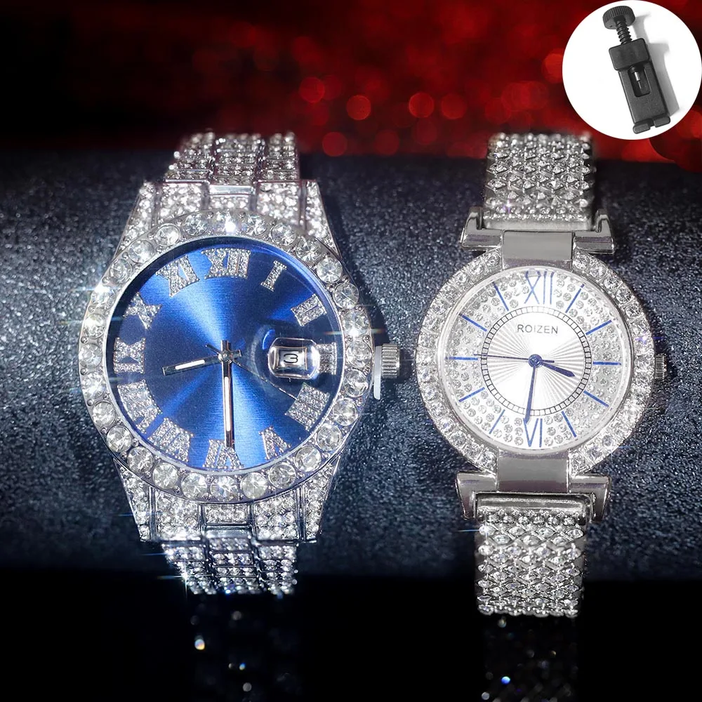 

2pcs Hip-hop Punk Couples Watch Set Luxury Iced Out Inlaid Diamonds Watch Men Women Street Stylish Trend Party Jewelry Gift