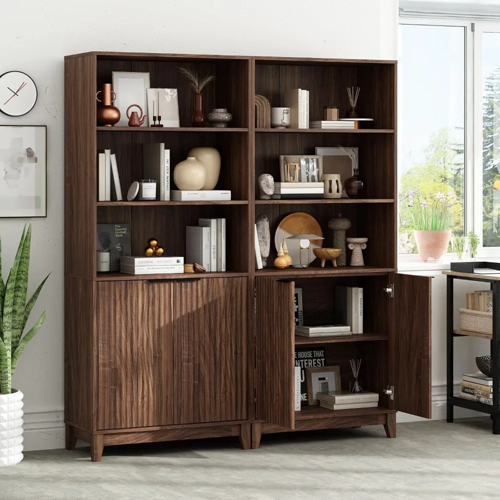 

Tier Bookcase with Fluted Doors, Modern Farmhouse Book Shelf with Storage Cabinet and Adjustable Shelves for Bedroom Home