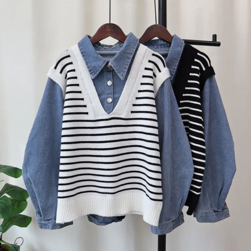 

2025 Denim Spliced Striped Knitted Coat Women's Loose Sweater Pullover Autumn Winter Patchwork Casual Tops Short Jean Outerwear