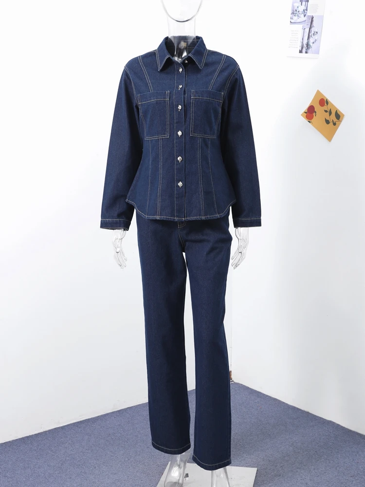 Casual azul denim casaco calças 2 peças conjunto lapela mangas compridas único breasted feminino solto plissado ternos superiores com bolso novo desgaste