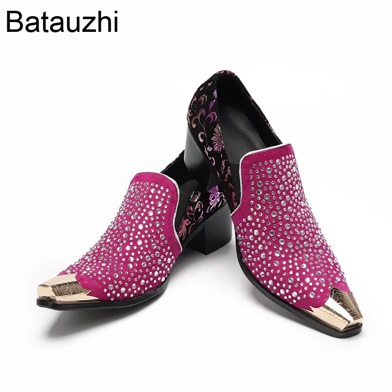 Batzuzhi Modne Męskie Buty Wsuwane z Cyrkoniami Skórzane Eleganckie Buty Męskie Fioletowe Skórzane Buty na Imprezę i Ślub dla Mężczyzn! US6-12US6-12