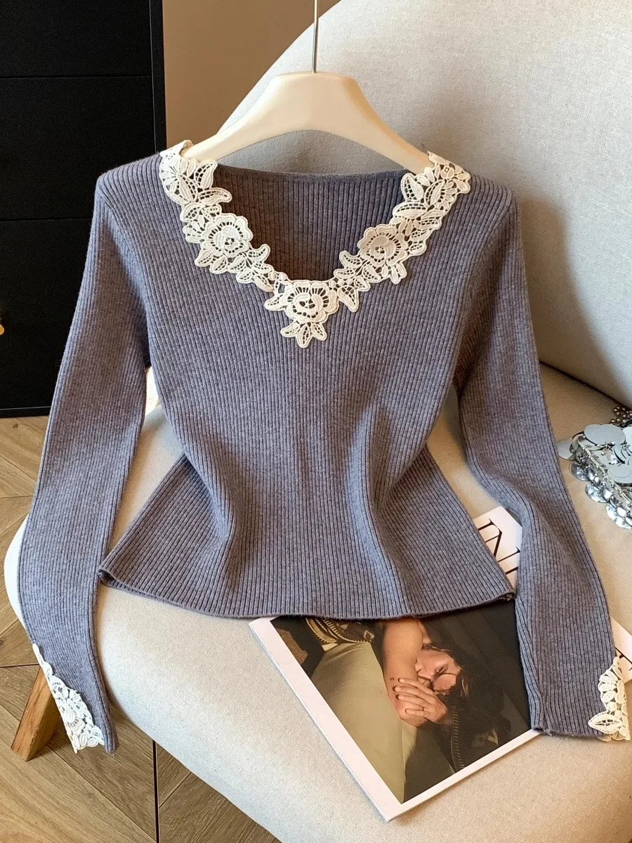 الحلو Sle الدانتيل هوك محبوك V-ne أعلى المرأة سليم صالح طويل Sve تريكو الخريف الشتاء Faion Ci المشي قاعدة irt