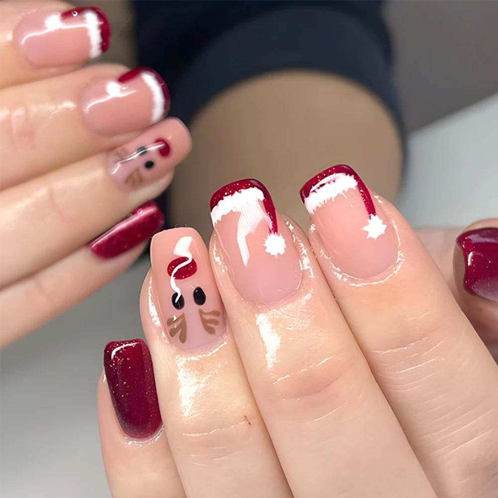 24Pcs Christmas Red Short Square Press on Nails Scarf Designs Cute Elk Patterns Full Cover False Nails Stick on Nails for Women*