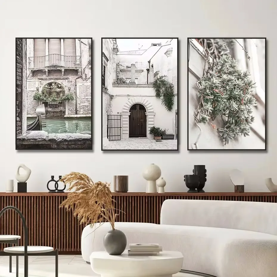 Boho Neutral Canvas Prints, Mediterranean Courtyard Wall Art, Vintage Olive Tree European Street Unframed Poster