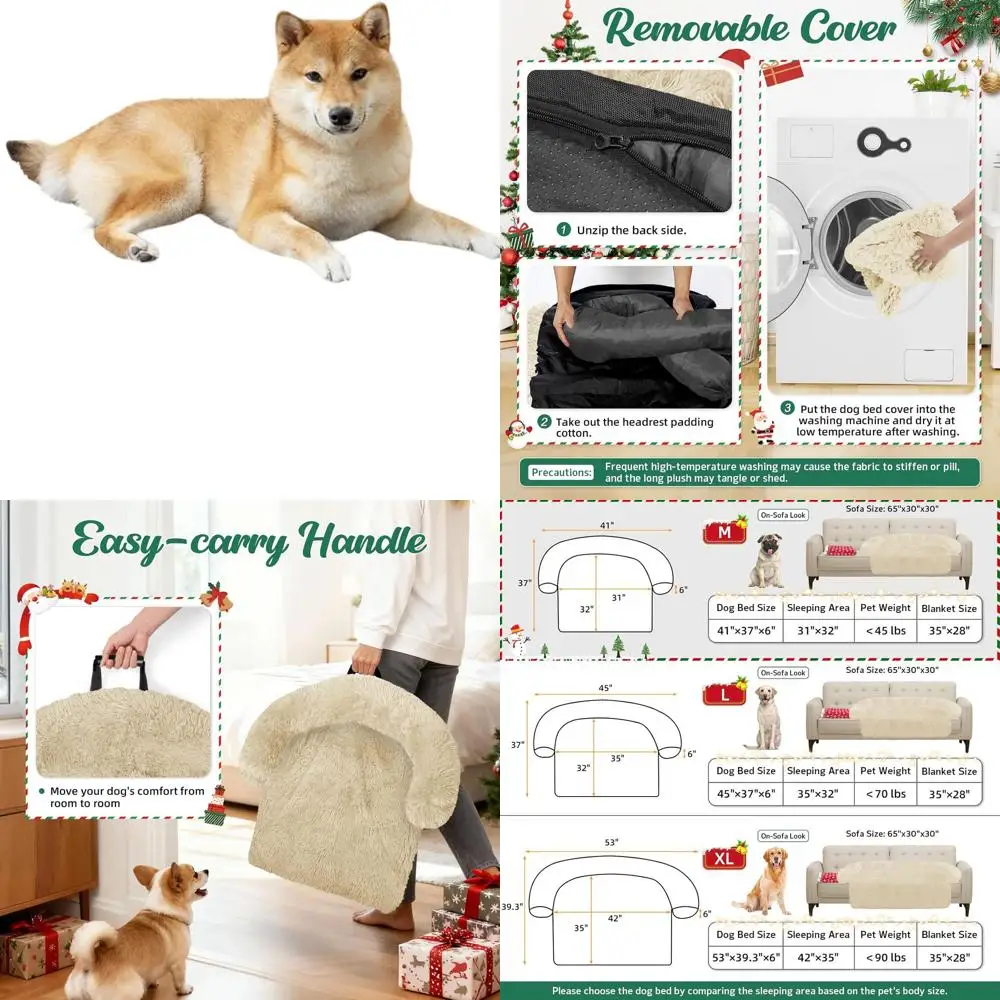 بطانية سرير كلب عيد الميلاد المنفوش - حصيرة قطيفة للأثاث، غطاء أريكة للعطلات، مناسب للكلاب والقطط المتوسطة (بيج)