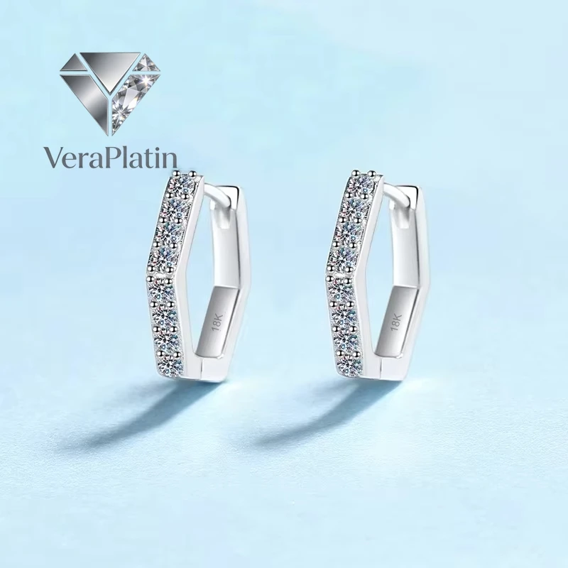 

VeraPlatin Women Birthday Gift 18K White Gold Hoop Earrings Geometric Hexagonal 0.4CT Moissanite Diamond PT950 Platinum Girl Fin