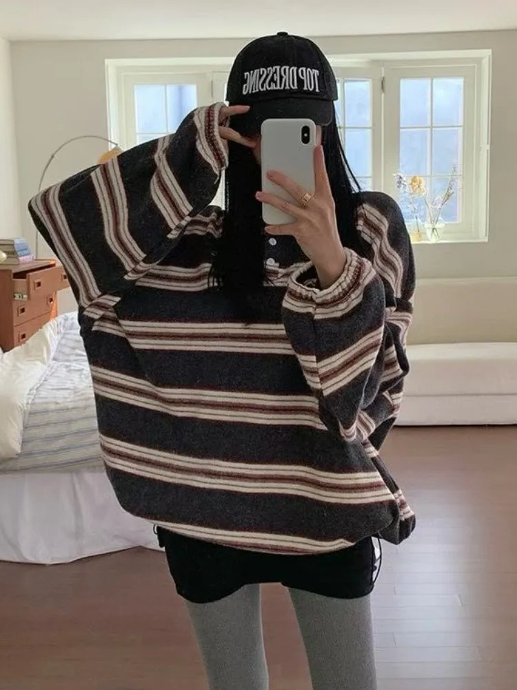 الرجعية اللون بلو ني البلوز المرأة فضفاضة أعلى مخطط قاعدة irt شتاء جديد Sle الكورية Sle الشارع Faion #2